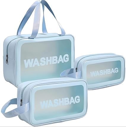 Kit 3 Necessaire Feminina Viagem Praia PVC Impermeável Zíper Grande Espaçosa Bolsa Organizadora Cosméticos Lavável Durável Prática Estilo Blogueira Luxo (Azul)