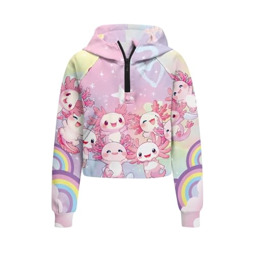 Girls Half Zip up Hoodies Casual Long Sleeve Hooded Sweatshirts for Kids Crop Tops Fleece Pullover Coat,5-14Years