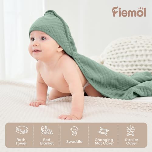 Image of Baby Bath Towels, 100% Muslin Cotton Hooded Baby Towels for Newborn, 2 Pack Baby Towels with Hood for Infant Toddler and Kids, Large 32x32Inch, Soft and Absorbent