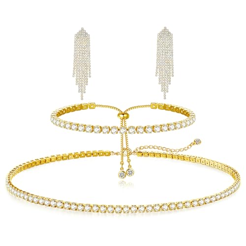 Image of HAXIYA Tennis Necklace Bracelet for Women, Sterling Sliver Jewelry Set, Silver /Gold Chocker Necklace, Crystal Bracelet for Women, Wedding Jewelry for Bride, Sparkly Party Prom Hypoallergenic