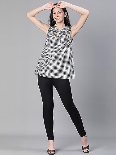 Image of oxolloxo Women Check Print Sleevless Tie Neck Cotton Top