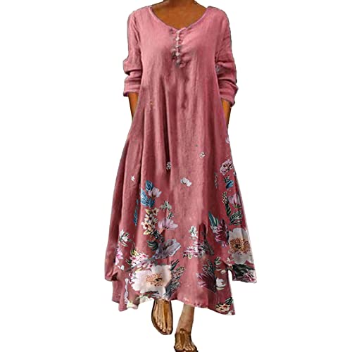 VEMOW Vestido Largo Maxi para Mujer Moda Talla Grande Cuello Redondo, Color Sólido Verano Bohemio Informal Retro de Lino y Algodón Irregular Suelto de Manga Corta Falda Cami con Bolsillos(F S,XL)