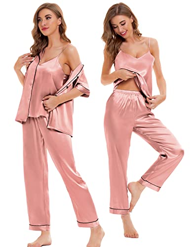 Image of SWOMOG Womens Silk Satin Pajamas Sets 4pcs Sleepwear Sexy Cami Shorts Set and Button Down Short Sleeve Pjs Loungewear Misty Rose X-Small