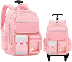 Mochila Escolar com Rodinha, Compartimento para guardar lap?s, caneta e objetos mochila de carrinho resistente ? ?gua (rosa.)
