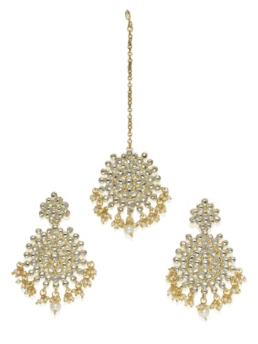 ZAVERI PEARLS Gold Tone Traditional Kundan & Pearls Earring & Maa...