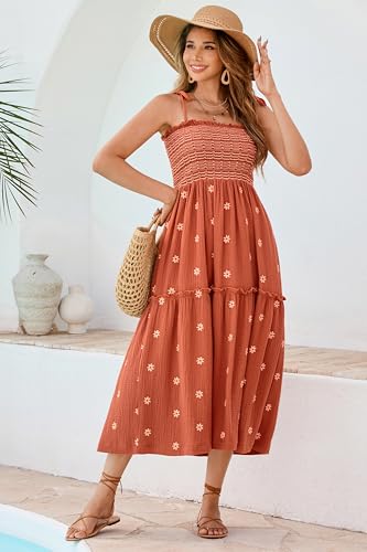 Image of R.Vivimos Womens Summer Cotton Boho Midi Dress 2026 Spaghetti Strap Floral Embroidered Smocked Tiered Flowy Long Dresses