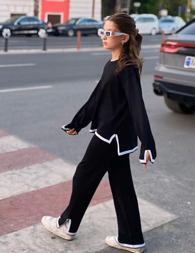Image of Arshiner Girl's 2 Piece Outfits Long Sleeve Knit Pullover Sweater Tops Wide Leg Pants Casual Fall Sets Tracksuits