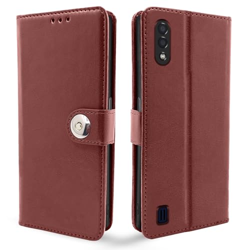 Image of Pikkme Samsung Galaxy M01 Flip Cover Leather Finish | Inside TPU with Card Pockets | Wallet Stand and Shock Proof | Complete Protection Flip Case (Button Brown)