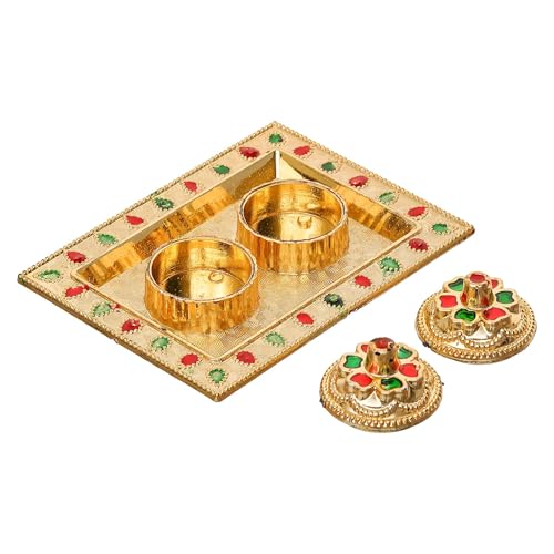 Image of eCraftIndia Golden Decorative Roli Chawal /Rice Holder, Akshata Haldi Kumkum Holder, Kankavati Pooja Items for Home Puja Mandir Temple- Gift for Diwali Navaratri- Diwali Decoration Items For Home Decor