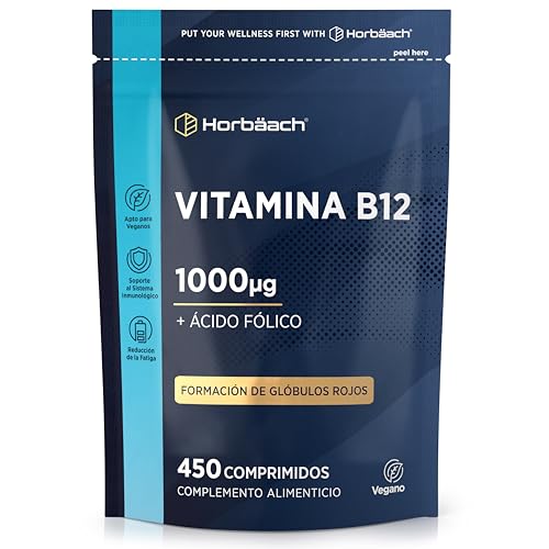 Vitamina B12 y Ácido Fólico 1100 mcg | 15 Meses de Suministro - 450 Comprimidos Veganos | de Horbaach