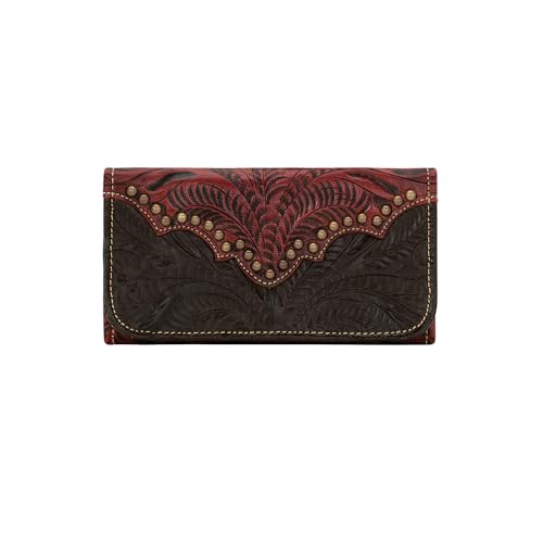 Image of American West Hand Tooled Handcrafted 100% Genuine Leather Tri-Fold Wallet for Women Credit Card Slots Cash Pocket and Clear ID Holder Western (Chocolate Brown /Distressed Crimson)
