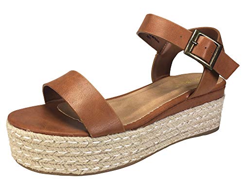 BAMBOO Women's Single Band Espadrilles Platform Sandal with Quarter Strap, Tan, 9.0 B