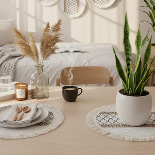 Image of HomeCloud Croshia Woven Table placemat - Heat Resistant, Washable Table Decoration for Dining, Office, Kitchen, Hotel, and Home (Round Beige Boxes, Set of 4)