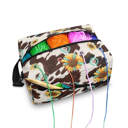 Bolsa de crochê, armazenamento de fios, dois bolsos internos e externos, 8 ilhós, fácil triagem, agulhas organizadoras de tricô de grande capacidade