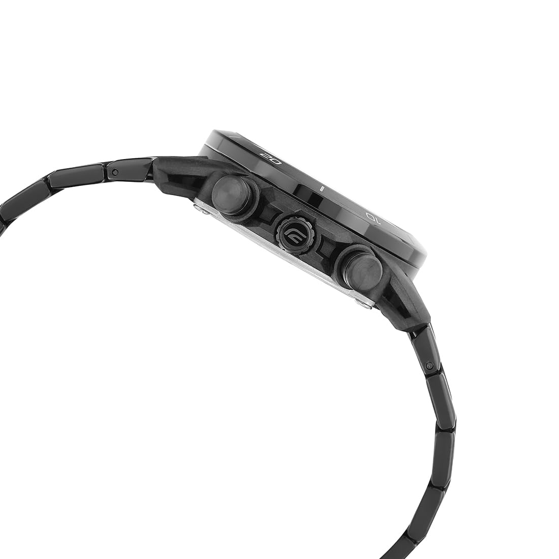 Side view of Casio Edifice watch showing the crown and pushers