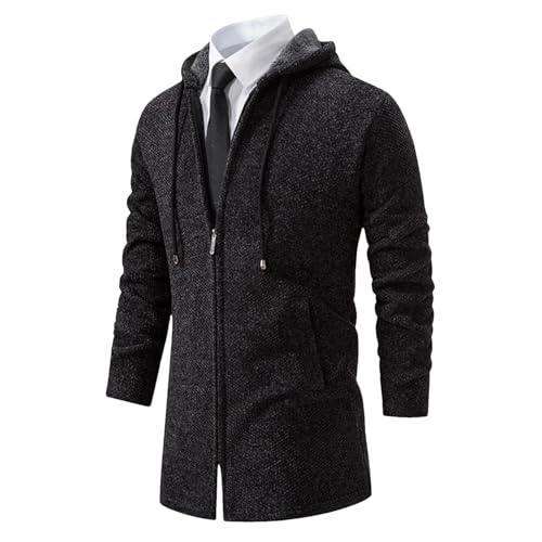 Men's Zipper Turn-Down Collar Knitted Hooded Cardigan Men Fleece Long Sweatercoat Solid Color Warm Trench