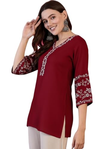 Image of MAHIRA'S Women's Short Kurti, Black Rayon Tunic Top with Embroidered Sleeves, 3 /4 Designer Sleeves