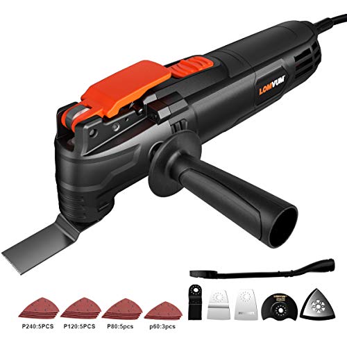 Oscillating Tool, Lomvum Oscillating Tool kit, Corded,Tool-Less Blade Change, 3Amp, Variable Speed, 26Pcs
