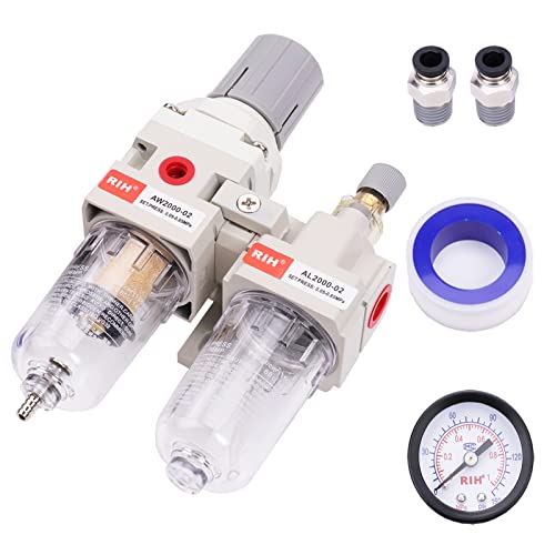 Image of RIH Pneumatics Compressed Air Filter Regulator Lubricator Combo Water /Oil Trap Separator - Gauge(0-150 psi), Semi-Auto Drain, Poly Bowl,Bracket - 3 in 1 Two Unit (1 /4 inch NPT)