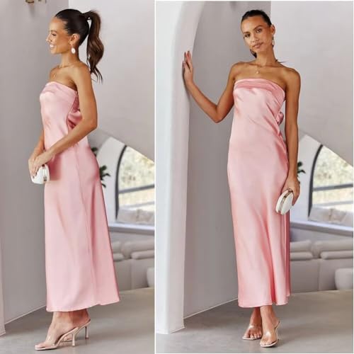 Image of Womens Strapless Satin Maxi Dress Backless Tube Dress | Strapless satin maxi dress with elastic back folded bust backless cut smooth drape and slim tube fit for events
