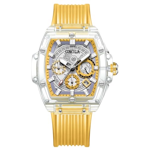 RORIOS Relojes para Hombres Transparente Tonneau Reloj Analógico de Cuarzo Reloj de Pulsera Multifuncional Moda Reloj Impermeable Cronógrafo Amarillo RORIOS Relojes para Hombres Transparente Tonneau Reloj Analógico de Cuarzo Reloj de Pulsera Multifuncional Moda Reloj Impermeable Cronógrafo Amarillo