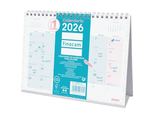 Finocam   Calendario de sobremesa para escribir 2026 Mes Vista Enero   Diciembre (12 meses) | Calendario 2026 para anotar | Planificador mensual Chic   Turquesa   Español