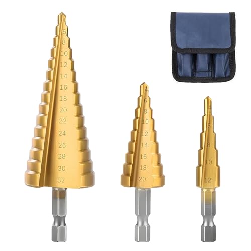 xiluuyou 3PCS Foret Fraise Meche Etage, Foret Etagé HSS en Titane, Triangle Conique, avec Tige Hexagone pour Visseuse Percage sur Acier, Laiton, Bois, Plastique,...