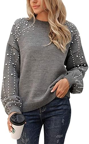 Blooming Jelly Women's Chunky Sweater Crewneck Sweatshirt Knit Lantern Sleeve Oversized Pullover Sweater with Pearls(XLarge,Grey)