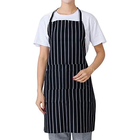 Remorui Unisex Striped Kitchen Cooking Aprons with Pocket, Long Chef Bib Apron for Baking in Home, Coffee Restaurant Work Clothes Black Stripe Cover