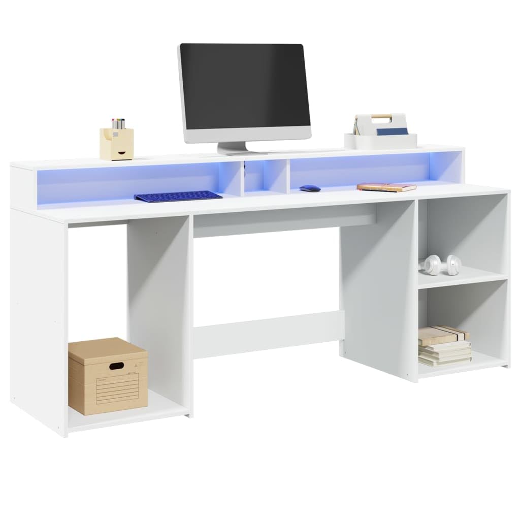 LAPOOH Escritorio con luz LED Madera ingeniería Blanco 200x55x91 cm, Mesa Escritorio, Escritorio Orden, Escritorio Gaming, Office Desk, Mesa Escritorio Ordenador - 3309438