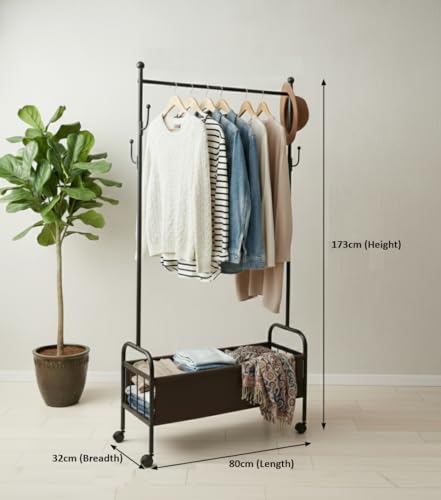 Image of KRISHYAM Heavy-Duty Metal Cloth Stand (Double Rod & Storage with 4Wheels - Black)