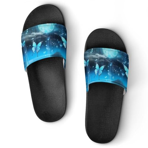 Psychedelic Teal Butterfly Full Moon Non Slip Slides Sandals for Women Men Quick Drying Shower Shoes for Bathroom Pool Beach