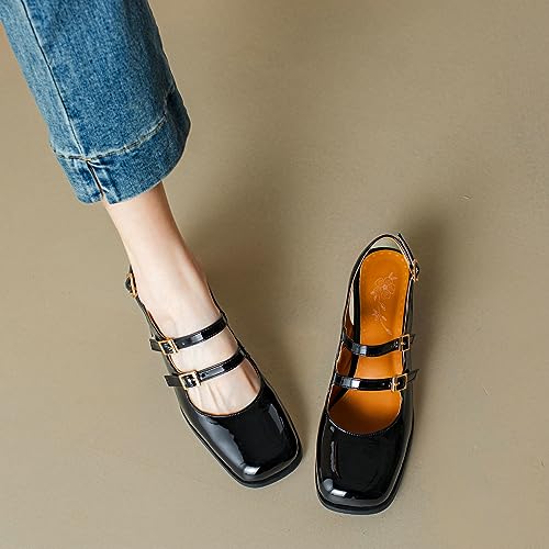 DINTAHA Goth Mary Jane Shoes Square Toe Slingback Heels Strappy Patent Leather Pumps3