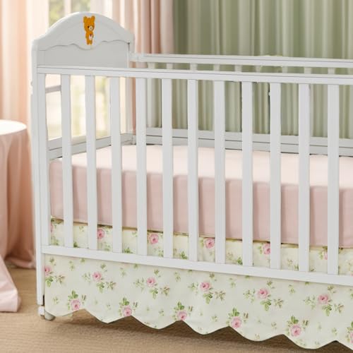 Image of Brandream Scallop Edge Cotton Crib Skirt, Baby Boy Girl Gender Neutral Crib Skirt Toddler Bedskirt Farmhouse Chic Nursery Crib Bed Skirt, Boho Bohemian Toile Floral