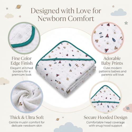 Image of Premium 2 Layer - Four Ply Muslin Cotton Hooded Baby Towel | Super Soft, Ultra Absorbent Bath Towel for Newborns & Infants | Large Size Hooded Wrapper for Boys & Girls (White)