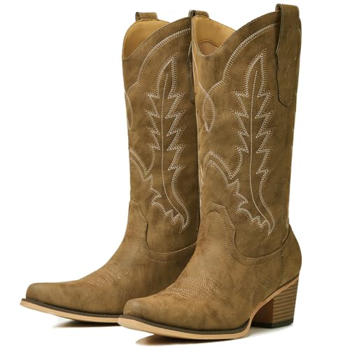 Image of Cowboy Boots for Women, Chunky Heel Western Boot | Mid-calf cowgirl boots with all-day comfort, ideal for daily outfits, country music festivals and western themed occasions