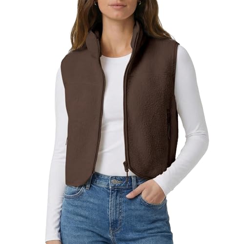 Polomitas Womens Cropped Fleece Vest Sherpa Vest Warm Fuzzy Fall Jacket Sleeveless Zip Up Waistcoat with Pockets(Brown S)