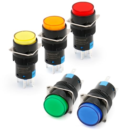 Baomain 16mm Push Button Switch Latching Round Cap LED Lamp Red Yellow Orange Blue Green Light AC 110V SPDT 5 Pin 5 Pack