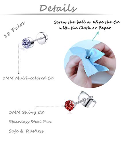 Tornito 20G 18 Pairs Stainless Steel Multicolor CZ Stud Earrings Set Piercing Cartilage Helix Earrings Set Screwback for Women 3MM-5MM2