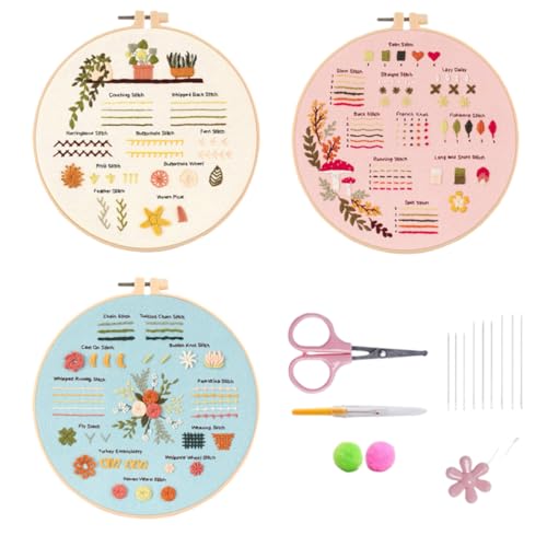 OHREN Kit Bordado 3 Piezas Principiantes, Set Punto de Cruz Adultos y Niños con Patrones de Flores y Plantas, Bastidor de Plástico, Instrucciones y Herramientas para Manualidades DIY con Aguja e Hilo