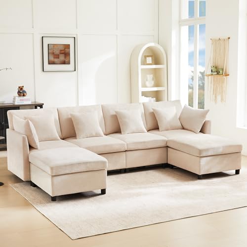 Yihomfy Canapé d'angle Moderne en U/L,avec Repose-Pieds Amovible,6 Coussin,Canapé 6 Places en Chenille, Canapé modulable, Canape de Salon,canapé modulaire...