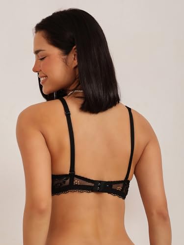 Image of Clovia Women's Lace Solid Padded Demi Cup Wire Free Bralette Bra - Black