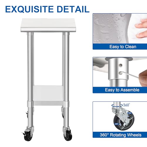 Image of HARDURA Stainless Steel Commercial Table Prep & Work Table with Casters Heavy Duty Metal Table with Wheels NSF 430 24x15 Inches