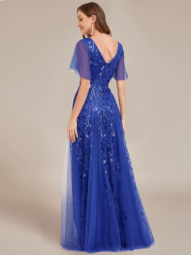 Image of Ever-Pretty Women's Sequin Formal Dresses Evening Gown Sparkly V-Neck Short Sleeve Floor Length Mother of The Bride Dress Sapphire Blue US18