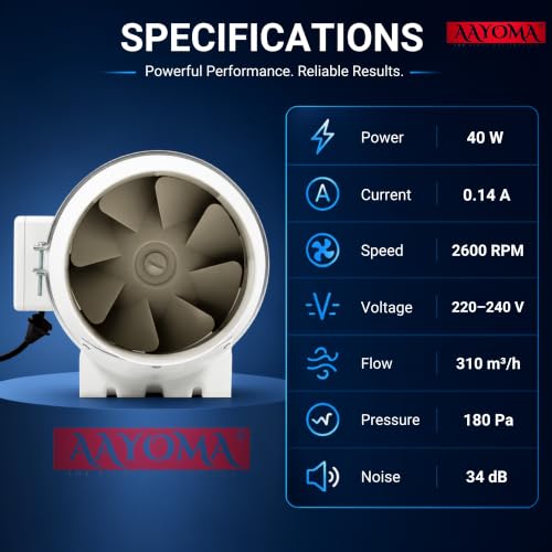 Image of Inline Duct Fan 4 Inch | 40W Quiet Ventilation Extractor | 2600 RPM | 310 m /h Airflow | 34 dB Silent Exhaust Fan for Grow Tent, Kitchen, Bathroom & Hydroponics - With Copper Motor