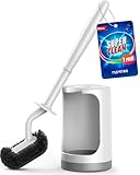 HAMITOR Toilet Bowl Brush Holder Set: Curved Design with Holder for Deep Cleaning Under Rim - Compact Hidden Scrubber for Small Space - Modern RV Bathroom Accessories - White