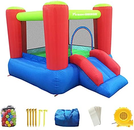 PicassoTiles KC106 8x7 Foot Junior Inflatable Bouncer, Jumping Bouncing House, Jump Slide Playhouse w/ 50 Pit Balls, 3 Sides Mesh Protection, and Heavy-Duty GFCI ETL Certified 385W Blower