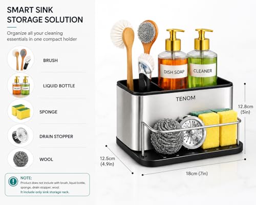Image of Tenom Kitchen Sink Organiser, Sponge Holder & Dishwashing Liquid Rack, Stainless Steel Rust Proof Dishwasher Safe Space Saving Sink Organizer (Without Dispenser Pump)