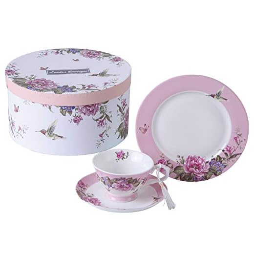 London Boutique Juego de 3 Tazas de té y platillo de 19 cm, diseño de pájaro, Mariposa, Caja de Regalo (Rosa)