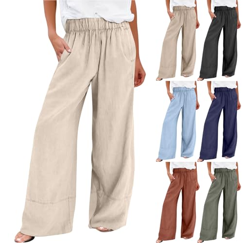 Linen Pants for Women Elastic Waist Baggy Dressy Palazzo Office Pants Casual Lightweight Wide Leg Trousers with Pockets Loose Comfort Gauze Vacation Beach Pant Plus Size Ladies Work Summer Pant